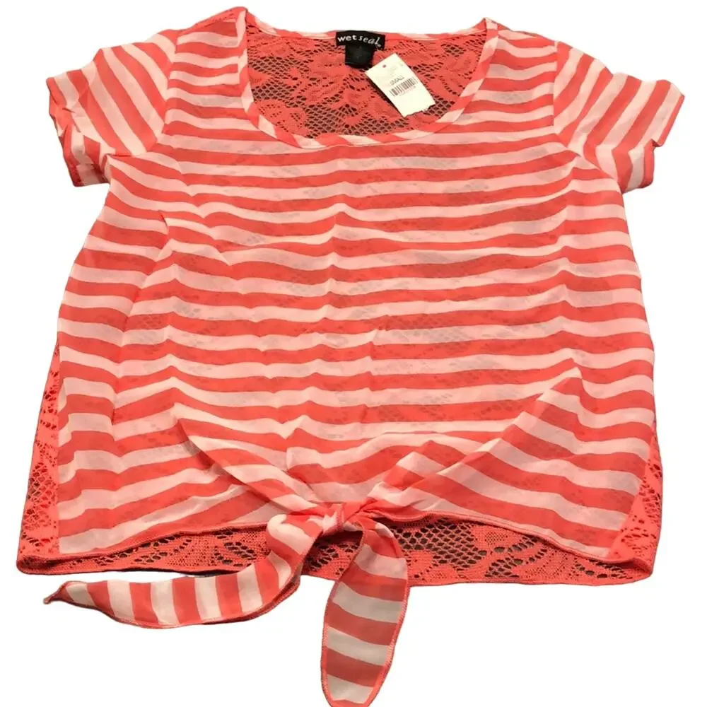 Wet Seal Chiffon & Lace Sheer Blouse NWT Size Small Striped Sheer Pullover Y2K